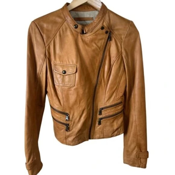 Andrew Marc Marc New York Asymmetrical Moto Leather Jacket in Cognac Size S - Picture 1 of 8